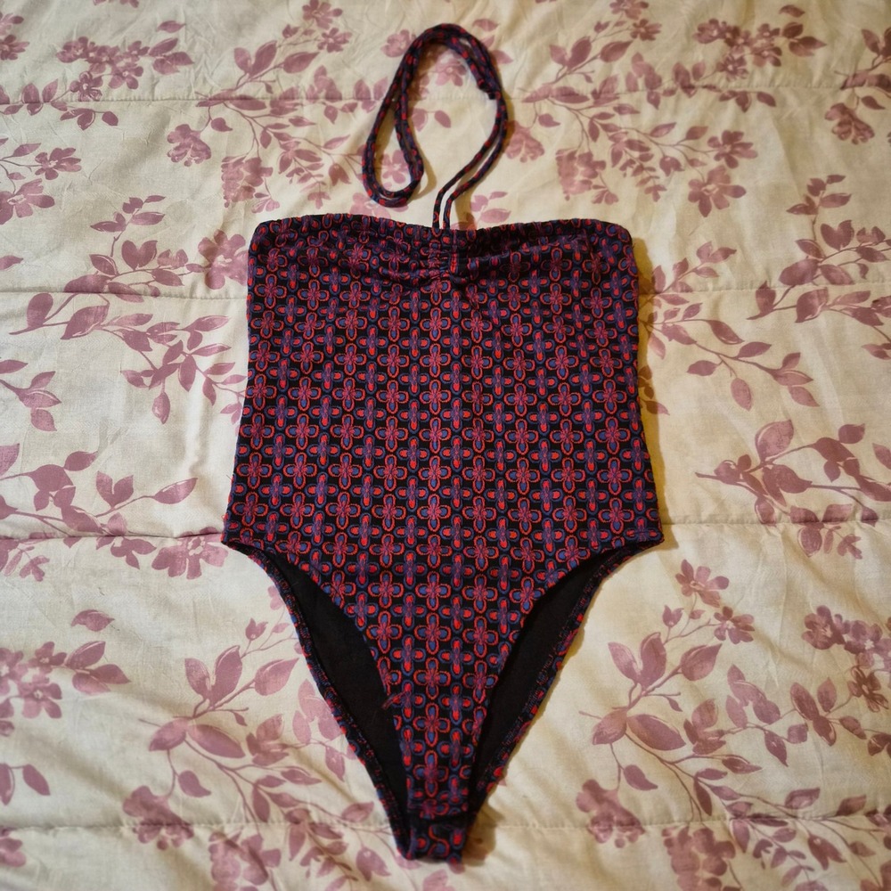 Forever 21 Halter Neck Bodysuit Red Blue Geometric Floral Print Medium Boho 70s
